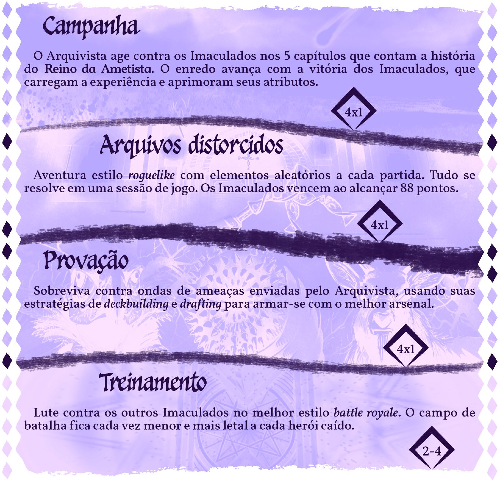 São quatro modos de jogo: Campanha, Arquivos distorcidos, Provação e Treinamento.