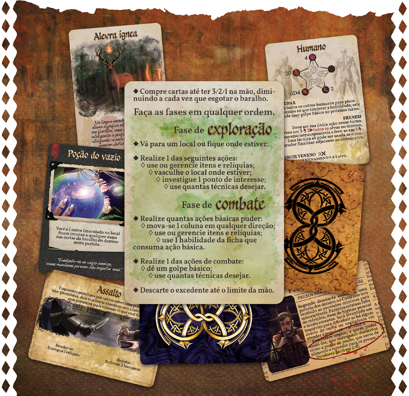 Explicação das fases do jogo (exploração e combate), além de algumas cartas.